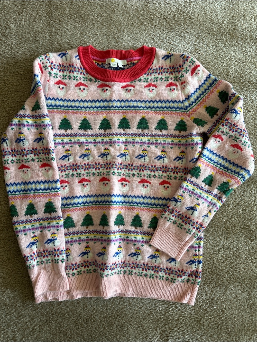 Women’s Boden Pink Christmas Crewneck Sweater with Holiday Trees & Santa Motifs